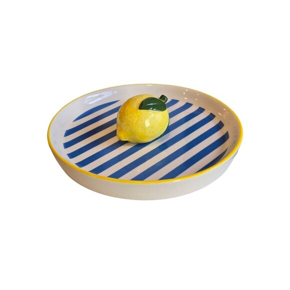 New Blue & White Stripped Country Farmhouse Lemon Large Ceramic Trinket Tray - Picture 2 of 2